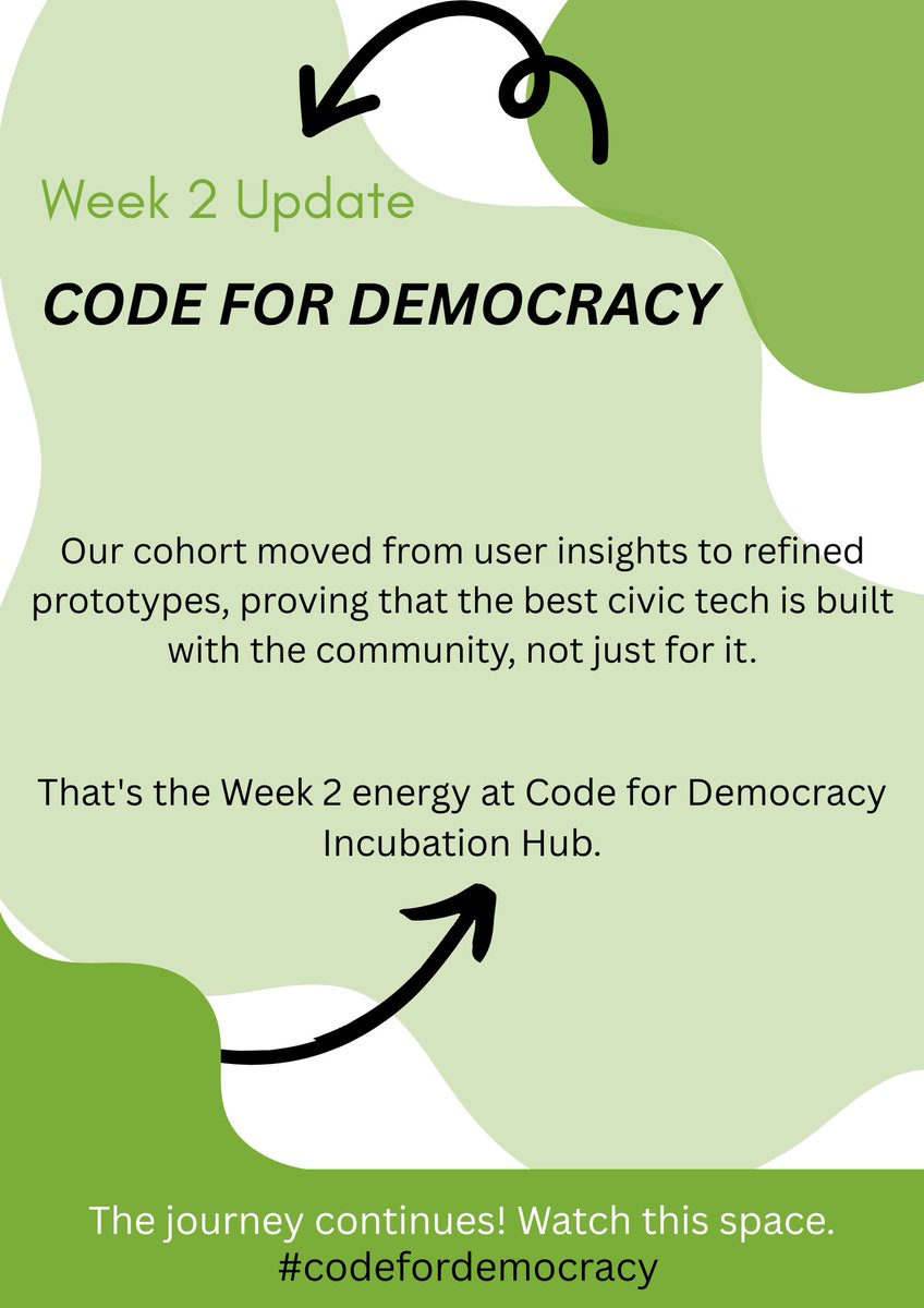 NuruTrustKenya's tweet image. Hello Fam,
Week 2 at the #CodeForDemocracy Incubation Hub!
Our cohort is deep in the build-measure-learn loop
We moved from user insights → refined prototypes, proving the best civic tech is built with the community, not just for it.
#CodeForDemocracy #NuruTrustNetwork