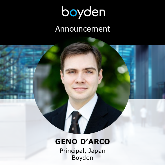 Announcement: We proudly welcome Geno D'Arco as Principal, #BoydenJapan.

With a strong record of C-level placements across #Japan &amp; #APAC, Geno specializes in the Legal &amp; Compliance function for clients in #Healthcare, #FinancialServices, #PE, #Tech >> boyden.com/geno-darco