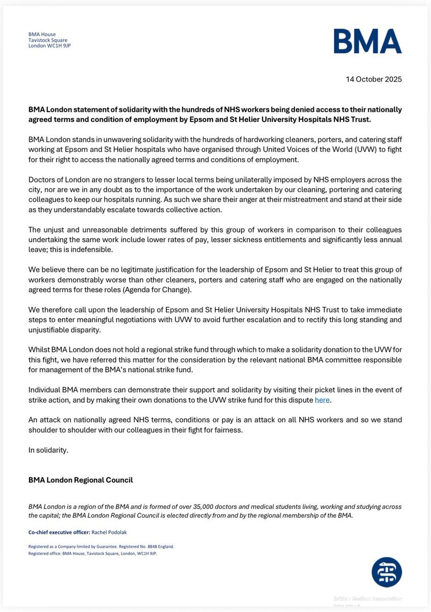 BMA London (@bmalondon) on Twitter photo 🚨STATEMENT OF SOLIDARITY🚨
<a href="/BMALondon/">BMA London</a> stands in total and unwavering solidarity with the NHS workers at Epsom and St Helier hospitals in their struggle to access the nationally agreed contracts of employment.
We urge <a href="/geshNHS/">St George's, Epsom and St Helier</a> to put this right.
#SolidarityForever✊🏼 🚨STATEMENT OF SOLIDARITY🚨
<a href="/BMALondon/">BMA London</a> stands in total and unwavering solidarity with the NHS workers at Epsom and St Helier hospitals in their struggle to access the nationally agreed contracts of employment.
We urge <a href="/geshNHS/">St George's, Epsom and St Helier</a> to put this right.
#SolidarityForever✊🏼