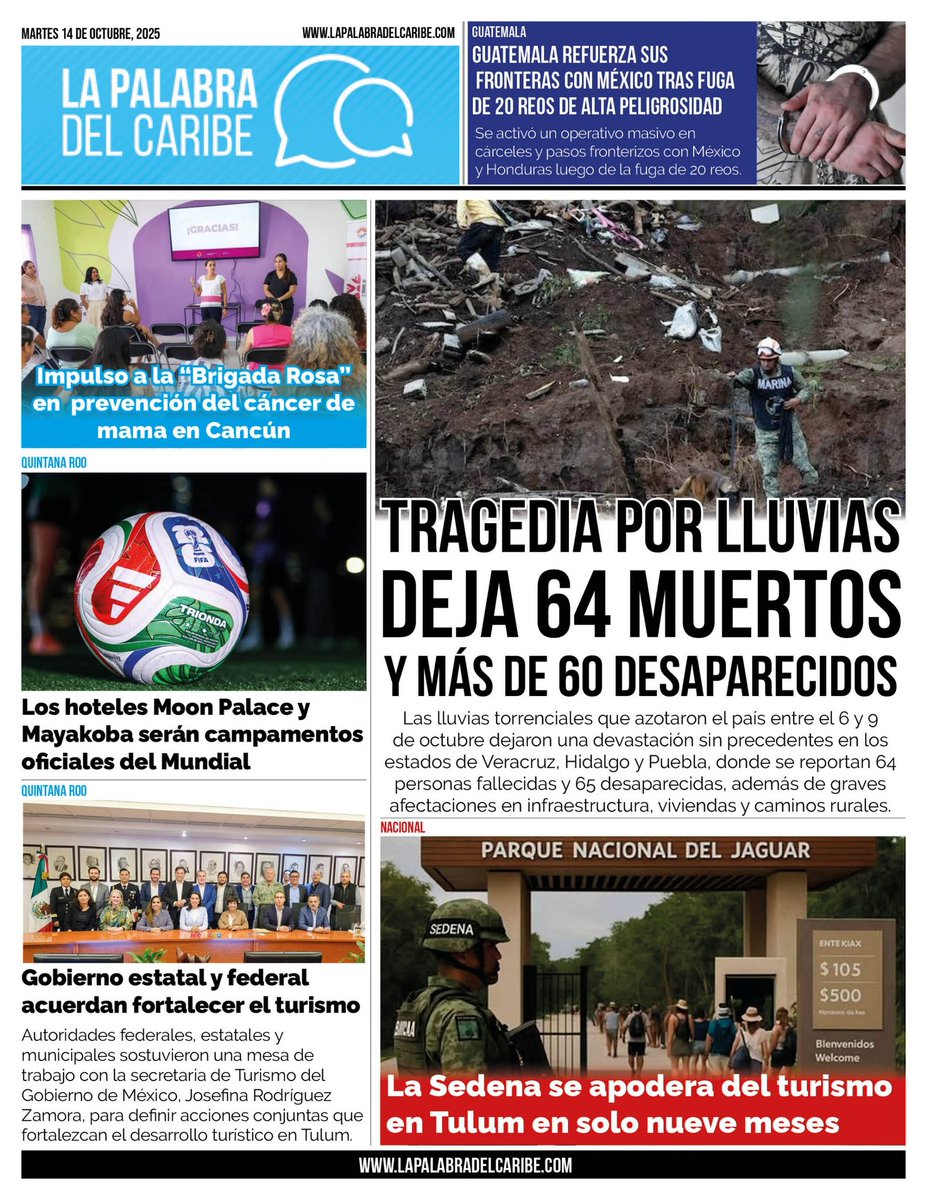 Tragedia por lluvias deja 64 muertos y más de 60 desaparecidos en Veracruz, Hidalgo y Puebla - bit.ly/42GUKYp
----
La Sedena se apodera del turismo en Tulum en solo nueve meses - bit.ly/4nMBrFj