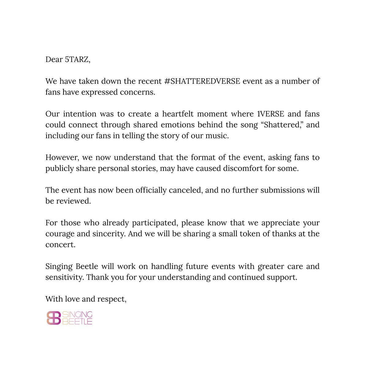 [NOTICE] 

This is in regards to the former #SHATTEREDVERSE tour shirt giveaway event. Please read carefully.

Thank you for your kind understanding.