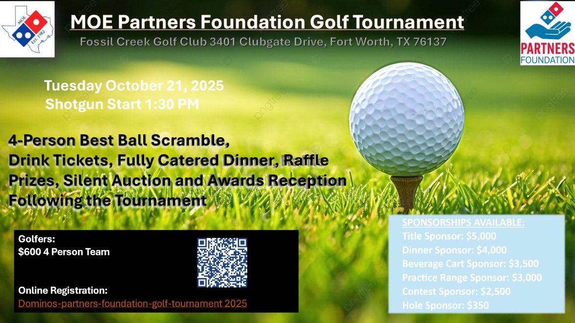 DominosPizzaTX's tweet photo. One week until our Domino’s  Partners Foundation Golf Tournament! 🎉
Please join us next Tuesday, October 21st at Fossil Creek Golf Club.
https://t.co/90bnVkPISU https://t.co/O76c9kLK2z