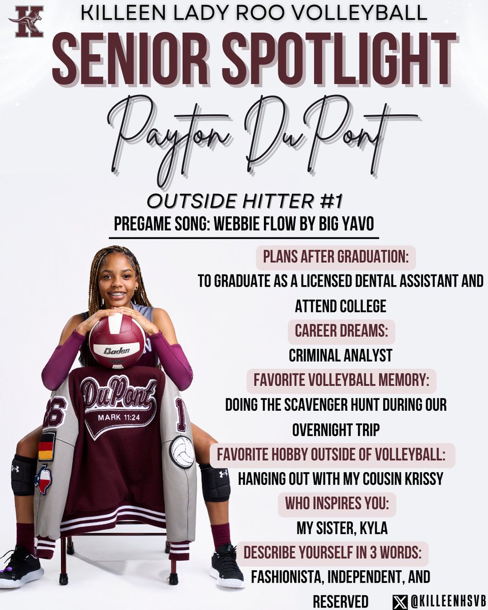 KilleenHSVB's tweet photo. Senior Spotlight Countdown! 

1 hour ‘til game time and the spotlight’s on Senior #1 Payton DuPont! Stylish, confident &amp; fearless, our outside hitter is bringing all the energy tonight!

#GoLadyRoos #B1G #ElevateTheStandard #SeniorSpotlight #RooPride https://t.co/XADHYQsjjx