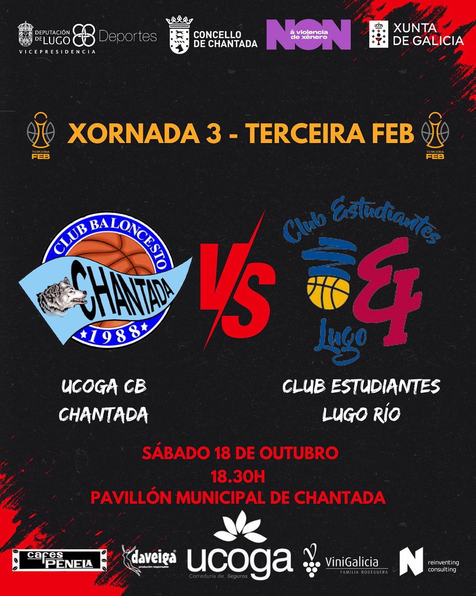 Este sábado temos DERBI! 🔥

🔴 Ucoga CB Chantada 🆚 Estudiantes Lugo Río 🔵
📅 Sábado 18 de outubro
🕡 18.30h
📍 Pavillón Polideportivo Municipal de #Chantada

E se enchemos o Pavillón para dar o alento que os nosos precisan? 😇
#imoslobos🐺 

#chantada #cbchantada #tercerafeb