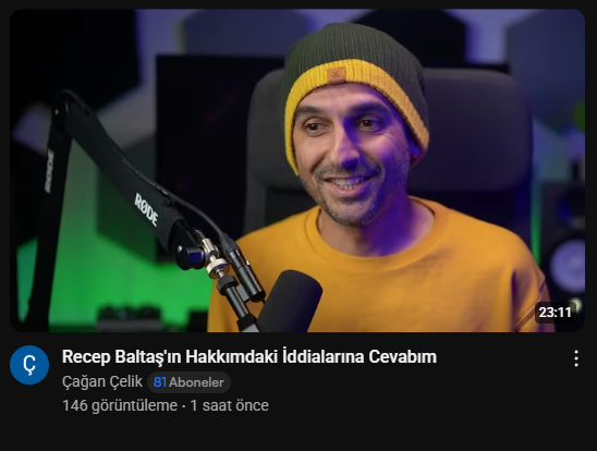 Çağan Çelik, Recep Baltaş ile alakalı uzun ve ayrıntılı bir video yayınladı.

Tüm videoyu kapsamasa da,
Çağan'ın Anlatımına Göre:

Recep'in, ortak video teklifini reddetme sebebini "kendi kanalını açamıyor" şeklinde çarpıttığını söyledi.

İstanbul'da tam zamanlı iş için Recep'in