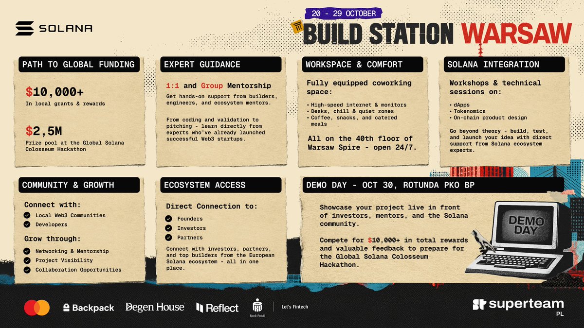 Solana’s coming to Poland!

From Oct 20-29, Build Station Warsaw brings 9 days of building, mentorship, and community - all leading up to Demo Day on Oct 30 and the global @Colosseum Hackathon with $2.5M in prizes.

Here’s why you should pull up 👇🧵