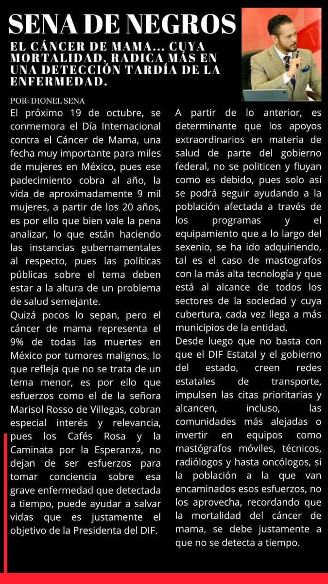 Dionel Sena (@dionelsena) on Twitter photo El Cáncer de Mama... Cuya mortalidad, radica más en una detección tardía de la enfermedad, lo que en #Durango, busca cambiar la señora Marisol Rosso: La #SenadeNegros.
Ccp <a href="/ClaudioMercadoR/">Claudio Mercado</a> <a href="/mfhh/">Ma. Fabiola Hernández Herrera</a> <a href="/RICH_ARAGON/">RICARDO ARAGON</a> <a href="/juancuit/">Juan C.Avalos Méndez</a> <a href="/luzyolanda09/">Luz Yolanda Martínez</a> <a href="/pepex333/">Pepe contac-x3🇲🇽</a> <a href="/CarloSalinasITD/">Carlos Salinas García.</a> <a href="/ZujeyLuna10/">Zujey Luna</a> El Cáncer de Mama... Cuya mortalidad, radica más en una detección tardía de la enfermedad, lo que en #Durango, busca cambiar la señora Marisol Rosso: La #SenadeNegros.
Ccp <a href="/ClaudioMercadoR/">Claudio Mercado</a> <a href="/mfhh/">Ma. Fabiola Hernández Herrera</a> <a href="/RICH_ARAGON/">RICARDO ARAGON</a> <a href="/juancuit/">Juan C.Avalos Méndez</a> <a href="/luzyolanda09/">Luz Yolanda Martínez</a> <a href="/pepex333/">Pepe contac-x3🇲🇽</a> <a href="/CarloSalinasITD/">Carlos Salinas García.</a> <a href="/ZujeyLuna10/">Zujey Luna</a>