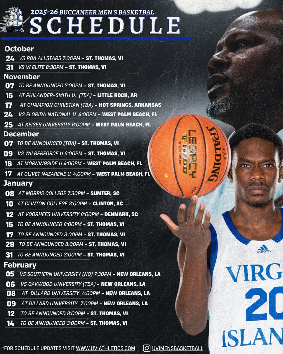SCHEDULE DROP‼️

The UVI Buccaneer Men’s basketball team announces their 2025-26 schedule! 

For schedule updates visit uviathletics.com/sports/mbkb/20…

#SettingTheStandard #BuccUp 
#OneUVI #OneHBCUAC