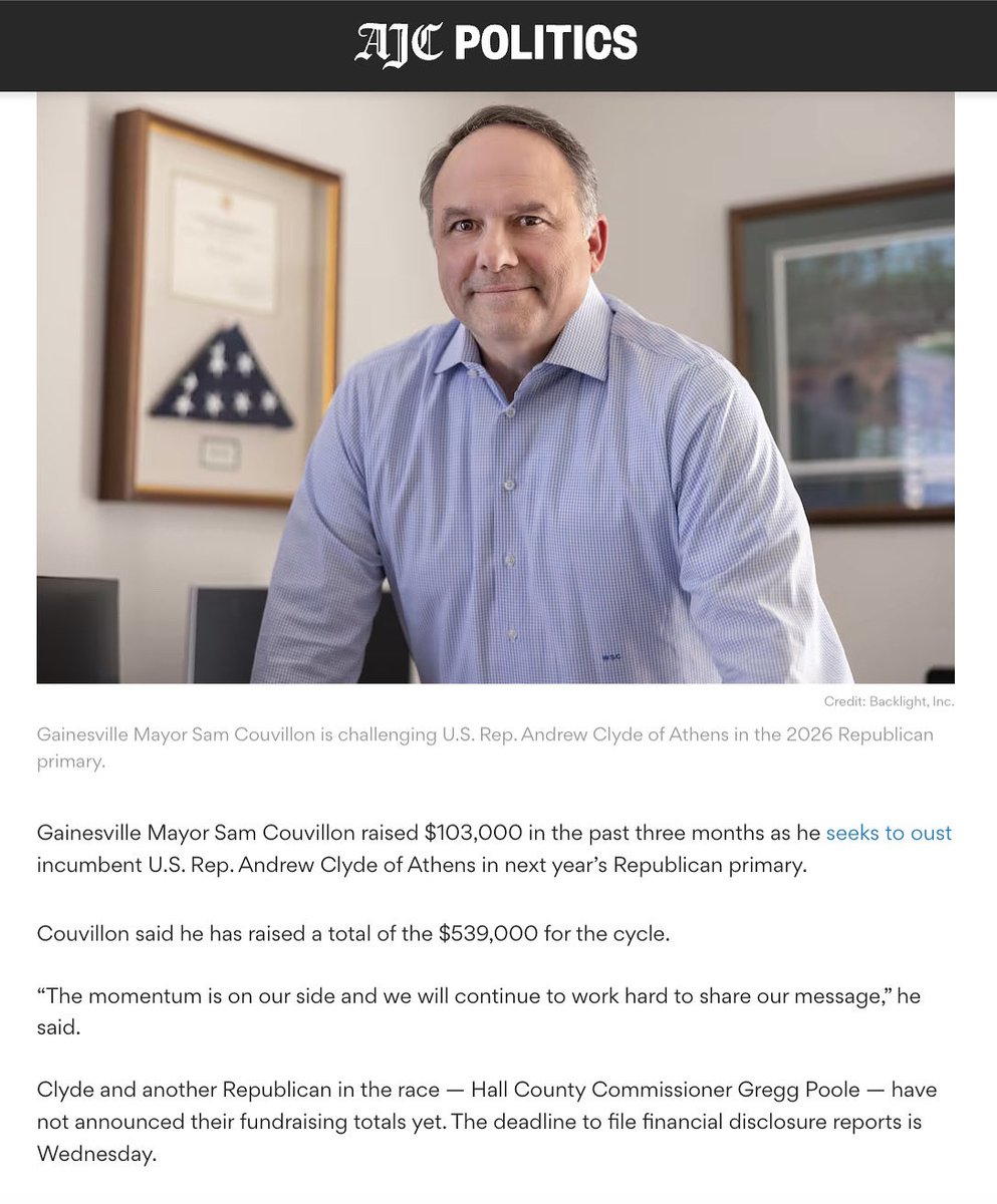 sam_couvillon's tweet image. Grateful for the support we’ve received! We are in a position to WIN and bring America First leadership to Northeast GA! 🇺🇸