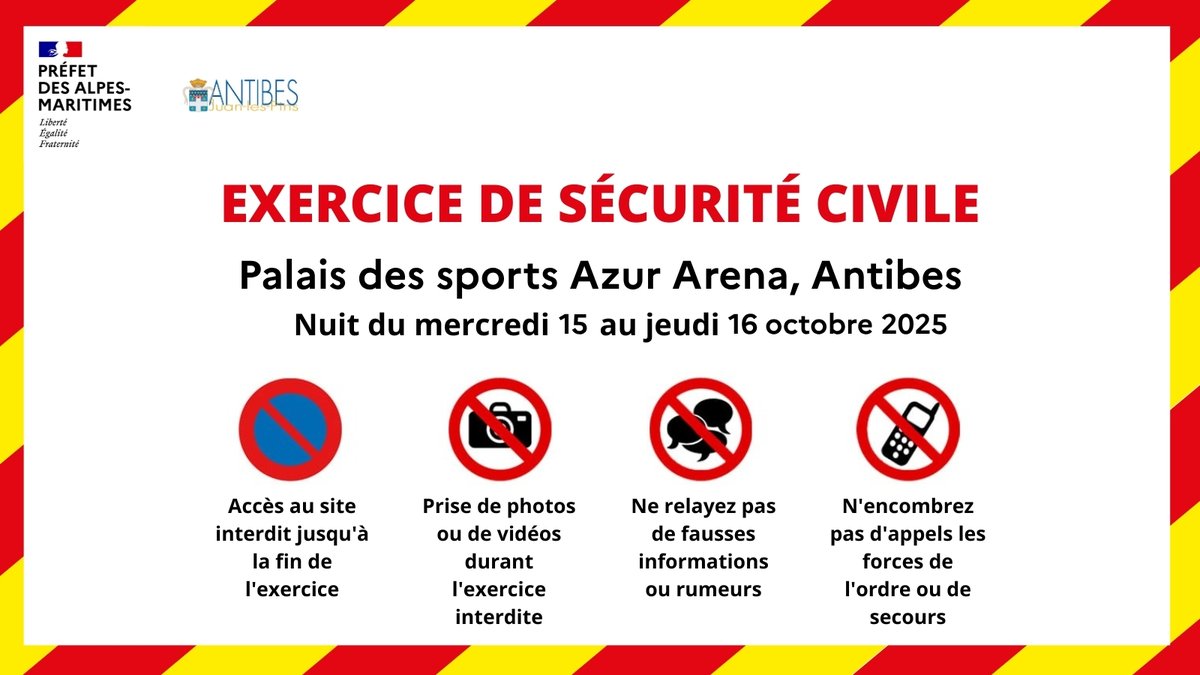 Préfet des Alpes-Maritimes🇫🇷 (@prefet06) on Twitter photo | EXERCICE ATTENTAT |
Ce mercredi 15 octobre, de 22h à 4h du matin, la préfecture des #AlpesMaritimes, en collaboration avec la ville d’<a href="/antibes_jlp/">Antibes JLP</a>, organisera un exercice de sécurité civile à l’Azur Arena d’Antibes.
A SAVOIR
🔸Pendant toute la durée de l’exercice, les | EXERCICE ATTENTAT |
Ce mercredi 15 octobre, de 22h à 4h du matin, la préfecture des #AlpesMaritimes, en collaboration avec la ville d’<a href="/antibes_jlp/">Antibes JLP</a>, organisera un exercice de sécurité civile à l’Azur Arena d’Antibes.
A SAVOIR
🔸Pendant toute la durée de l’exercice, les