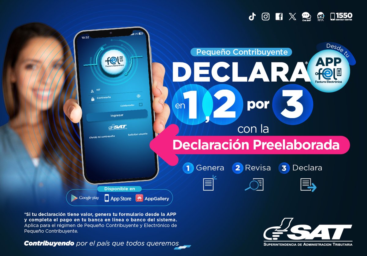 SATGT's tweet image. 📲 Declarar impuestos nunca fue tan fácil

Con la Declaración Preelaborada desde la app #FEL, los pequeños contribuyentes presentan su declaración de impuestos... ¡en 3 pasos!