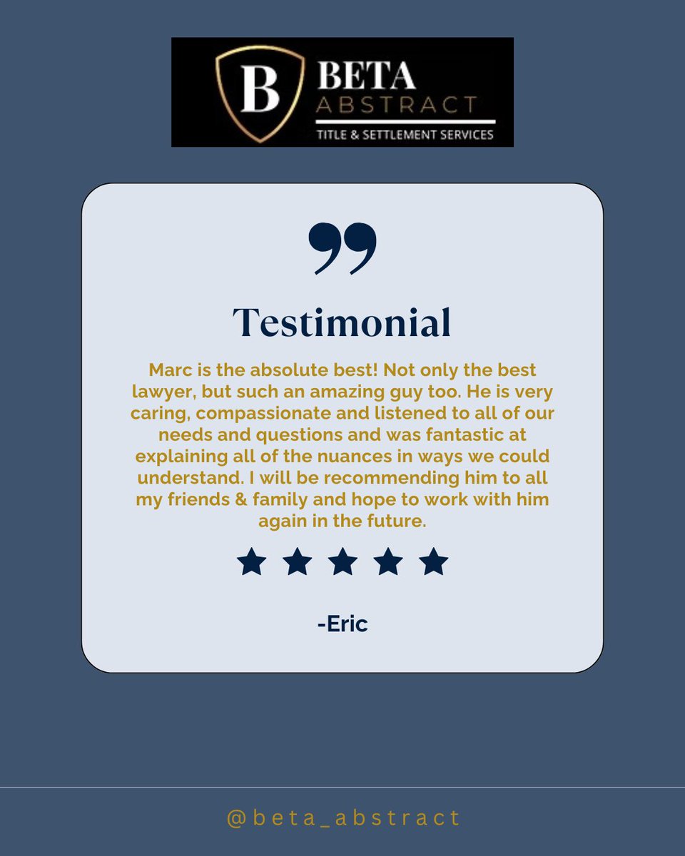 Beta_Abstract's tweet photo. We’re so grateful for our amazing clients who take the time to share their experiences!

Thank you for the kind words and trust — we’re proud to work alongside exceptional attorneys like Marc who go above and beyond for every client. 

#ClientReview #TitleCompany #BetaAbstract https://t.co/h4fXwbVAEi