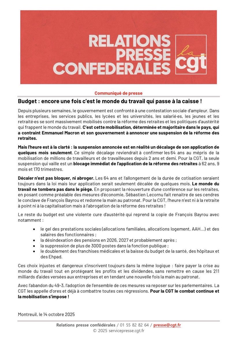 lunionpopulaire's tweet photo. 🔴 URGENT - La #CGT se désolidarise de la non-censure du @partisocialiste.

"Décaler n'est pas bloquer, ni abroger.

Le monde  du travail ne tombera pas dans le piège." https://t.co/SSCfO8k1mO