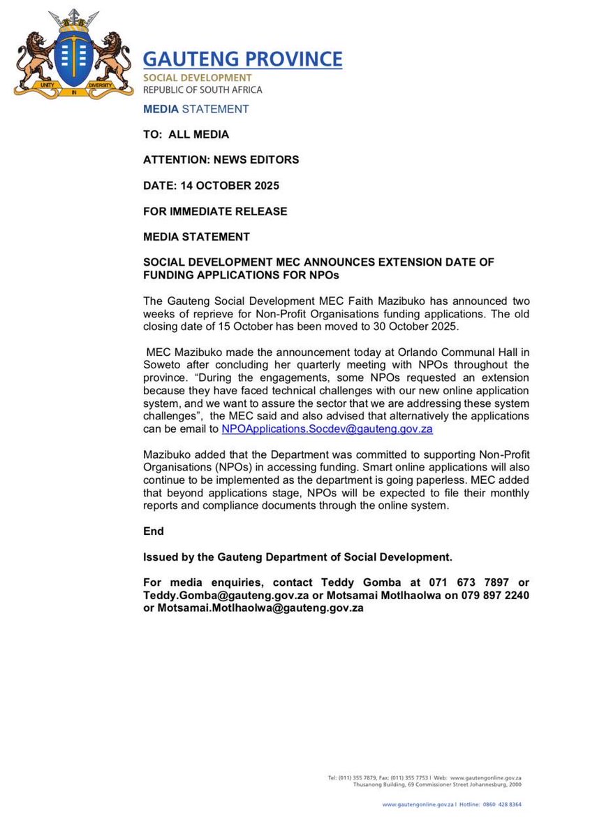 📍⚠️‼️𝐌𝐄𝐃𝐈𝐀 𝐒𝐓𝐀𝐓𝐄𝐌𝐄𝐍𝐓 | SOCIAL DEVELOPMENT MEC ANNOUNCES EXTENSION DATE OF FUNDING APPLICATIONS FOR NPOs

<a href="/gpgSocDev/">Social DevelopmentGP</a> MEC <a href="/FaithMazibukoSA/">MEC Faith Mazibuko</a> has announced two weeks of reprieve for Non-Profit Organisations funding applications.

#NPOFunding 
#SupportingNPOs
#GGT