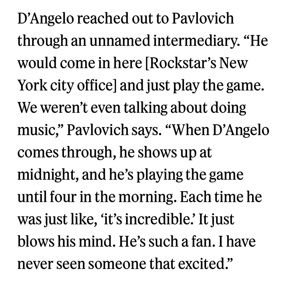 DietCokeVEVO's tweet image. My favorite D’Angelo anecdote is that he was so obsessed with Red Dead Redemption that he not only wrote a song for RDR2 but playtested it constantly and all the time