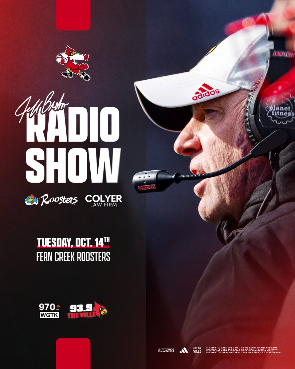 LouisvilleFB's tweet photo. .@JeffBrohm's Radio Show presented by Colyer Law Firm returns to Fern Creek @Roosters tonight from 7-8pm!

Can't make it? Tune in on 93.9 FM The Ville &amp; 970 AM WGTK 📻

#GoCards https://t.co/aSwdCxZFpt
