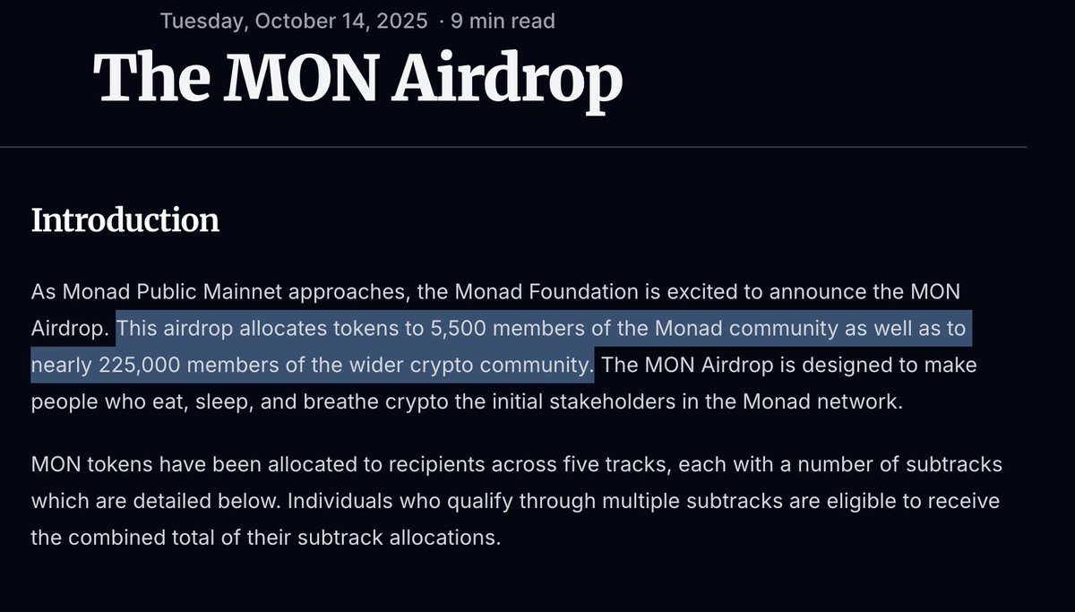 Highlights from the Monad airdrop announcement - Going wide with 5,500  community members + 225,000 crypto traders - Monad community getting the  most - Power users across EVM & SOL also rewarded -