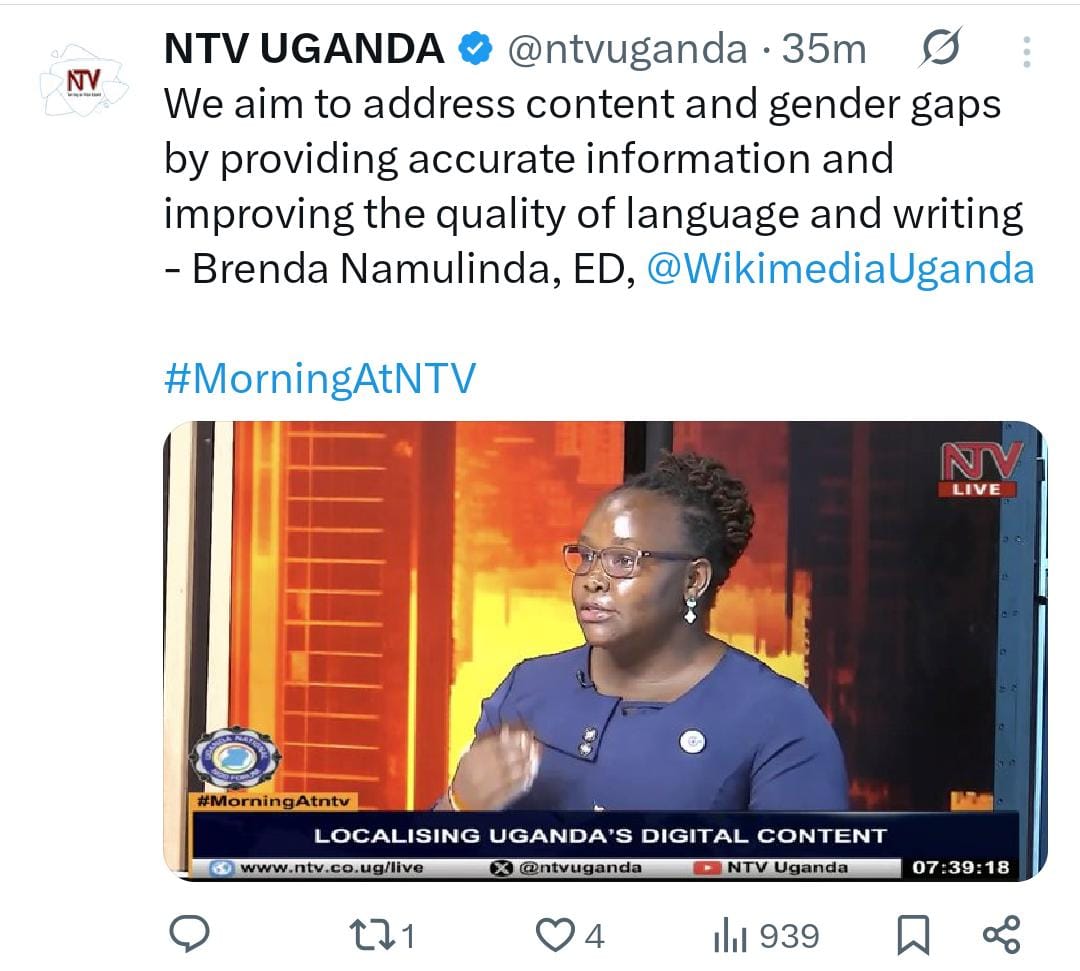 Wikimedia Community User Group Uganda (@wikimediauganda) on Twitter photo Honoured to be featured on @Morning@NTV via <a href="/ntvuganda/">NTV UGANDA</a>, thank you for amplifying Wikimedia Uganda's story!
#Wikimedia UG #NTV Uganda Honoured to be featured on @Morning@NTV via <a href="/ntvuganda/">NTV UGANDA</a>, thank you for amplifying Wikimedia Uganda's story!
#Wikimedia UG #NTV Uganda
