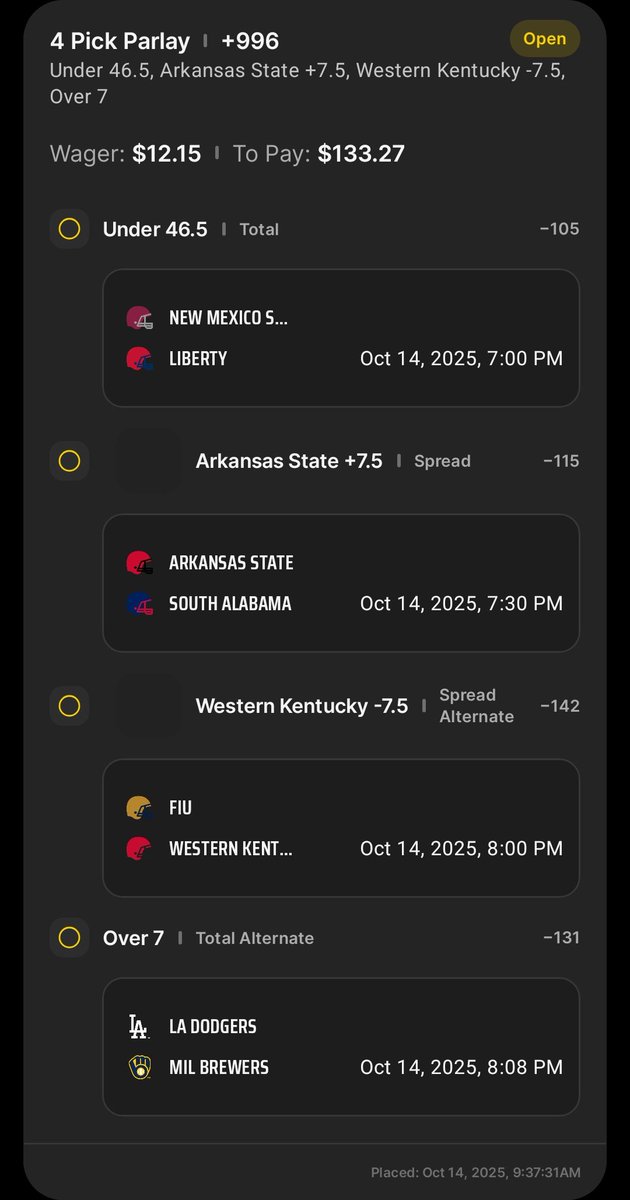 SportsAppetite1's tweet photo. College football and NLCS picks for tonight , who's tailing?? Good luck 
#sportsappetite 
#CFB
#MLB 
#SportsBets 
#DraftKings https://t.co/oEpcTBCvhK