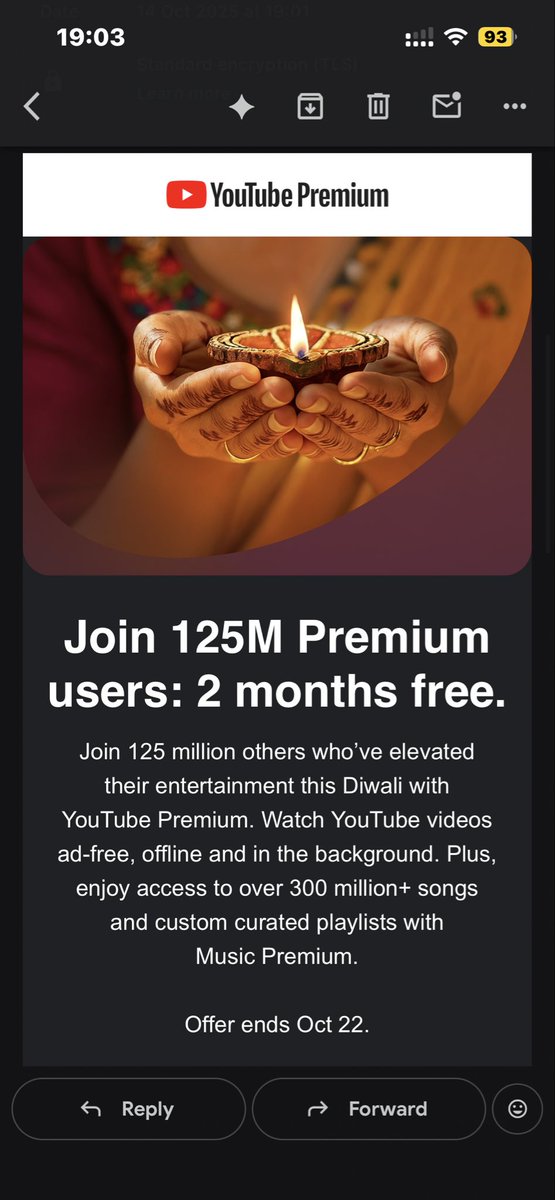 kshitieeee's tweet image. Just got 2 months of YouTube Premium free — Diwali offer till Oct 22!
No ads, offline videos, background play — pure bliss
Have you claimed yours yet??

#YouTubePremium #DiwaliOffer #AdFreeLife #TechFind