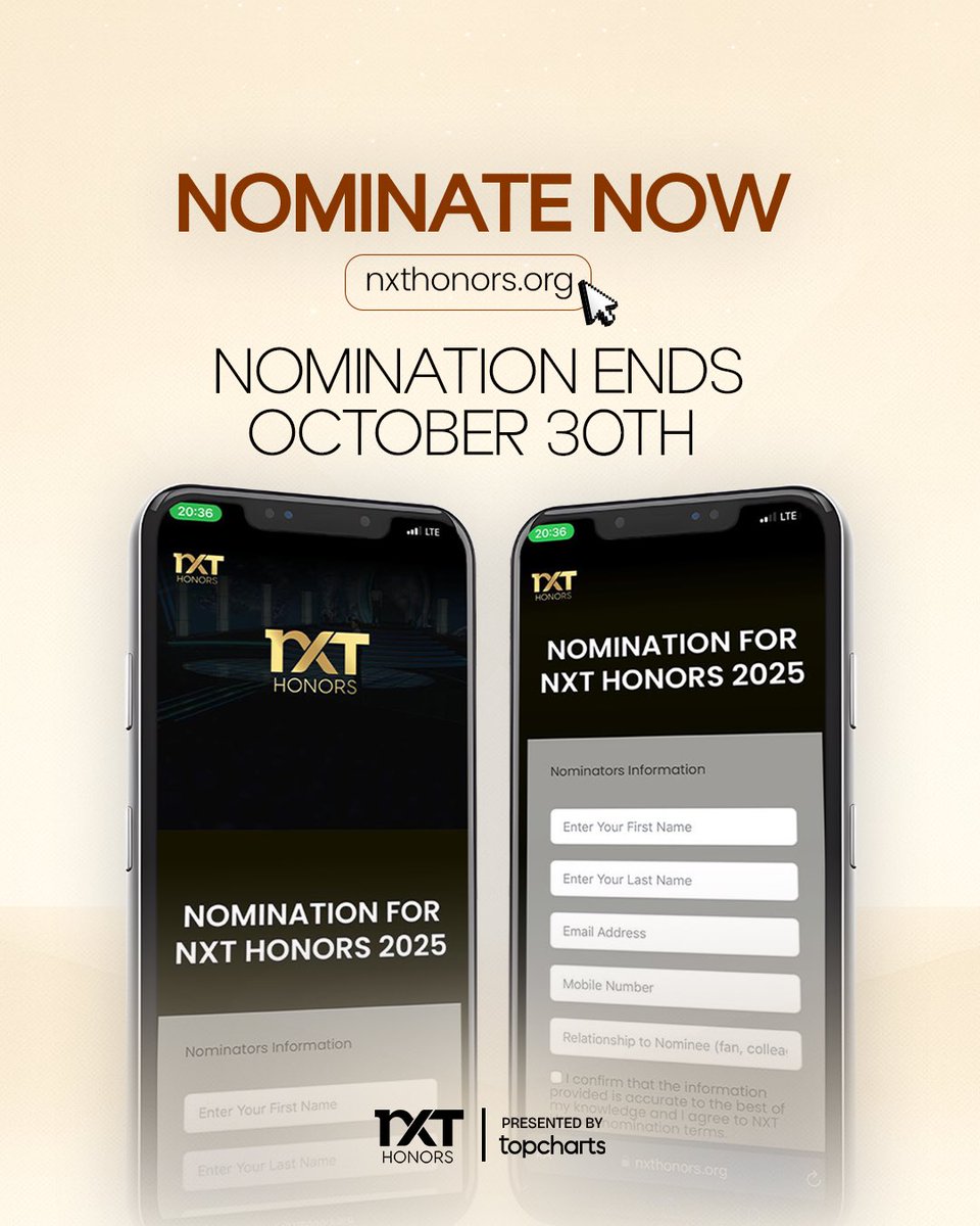 NXT Honors (@nxthonors) on Twitter photo Nominations for the 2025 #NXTHonors officially closes on October 30.
This is your chance to recognize the visionaries, creators, and culture-shapers defining Africa right now.
Don’t wait, submit your nominations before it’s too late.
#NXTHonors Nominations for the 2025 #NXTHonors officially closes on October 30.
This is your chance to recognize the visionaries, creators, and culture-shapers defining Africa right now.
Don’t wait, submit your nominations before it’s too late.
#NXTHonors