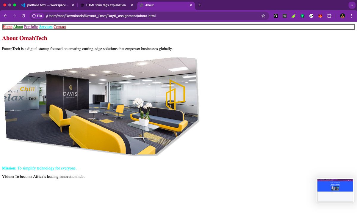 Official_Omaah_'s tweet image. I just completed my Day6 into to css assignment @devoutdevs
I built a simple Tech Startup Website using HTML & CSS.
I added a clean layout, navigation bar, and a contact form.
I also learned how to link external CSS, change page color, and use Emmet shortcuts for faster…