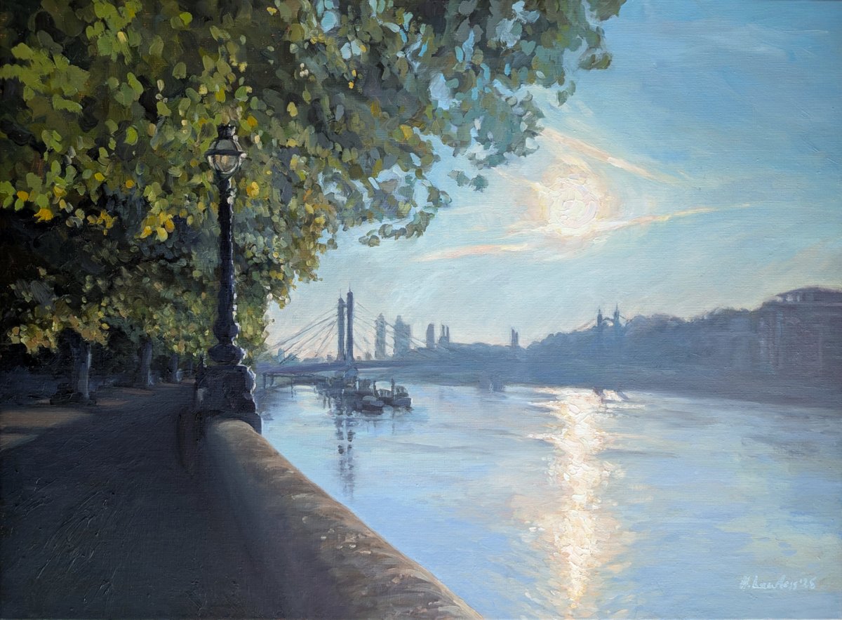 I got up at 5am for this painting, walking along the Thames at dawn looking for the right composition.

I had a clear idea to capture the sun rising over the river, and I was lucky London’s fickle weather complied.

"Blinding Sunrise, Chelsea Embankment", 73x54cm, oil on linen.