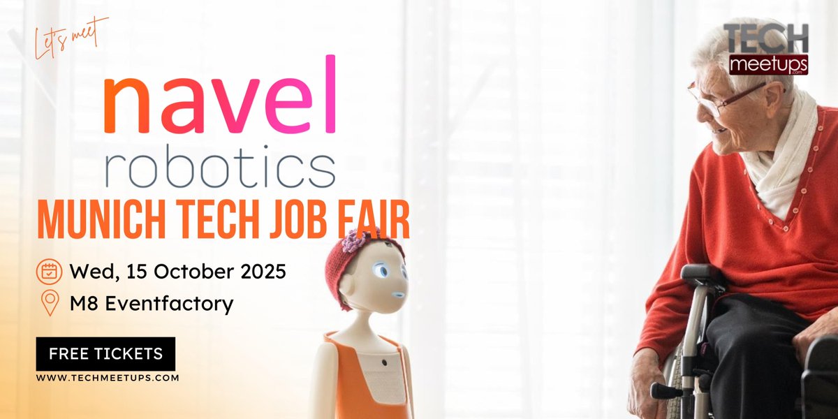 TechStartupJobs's tweet image. 📣Meet the team of navel robotics at the Munich Tech Job Fair!

FREE TICKETS: buff.ly/8mbBgqr 
navel robotics careers: buff.ly/dEoKOKI 

#InfoQDevSummit #qcon #NavelRobotics #TechJobFairMunich #SocialRobots #DeepTech #AIForGood #HumanRobotInteraction