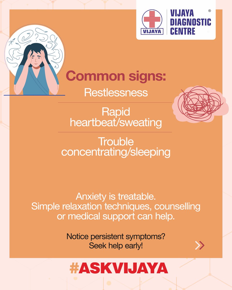 Anxiety is more than worry. It affects your mind and body. Restlessness, rapid heartbeat, trouble sleeping? Early care helps! Breathe deeply, stay active and don’t hesitate to seek help. Your mind deserves care just as much as your body. 

#MentalHealth #VijayaDiagnosticCentre