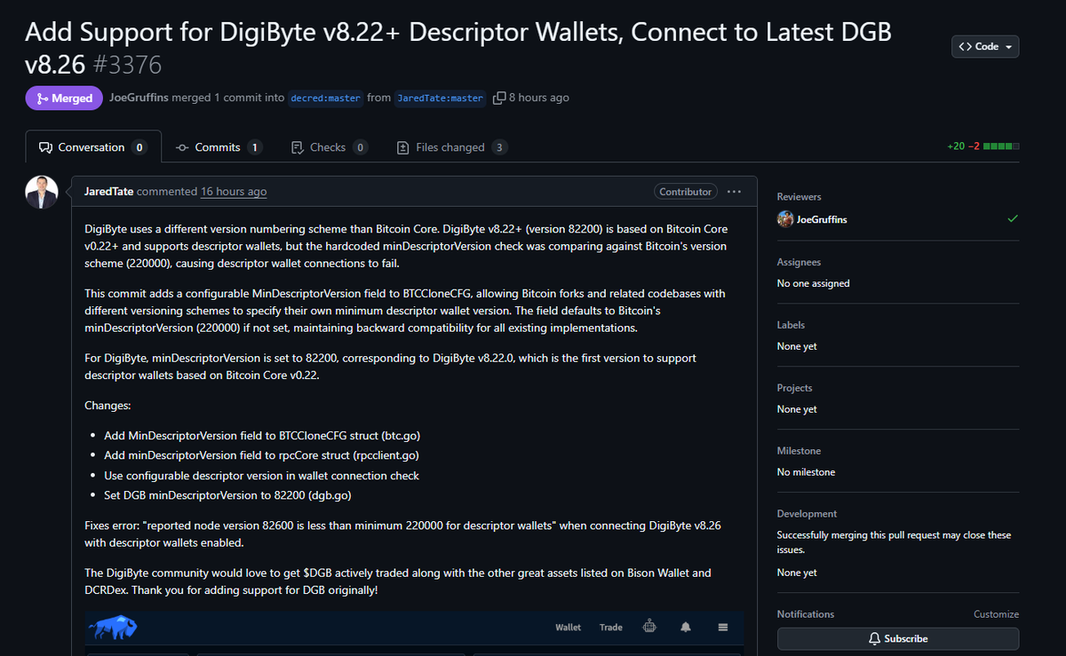 DigiByteCoin's tweet photo. Thank you for merging the pull request for $DGB connectivity to @BisonWallet! @decredproject https://t.co/Ux3PrTuZ5g