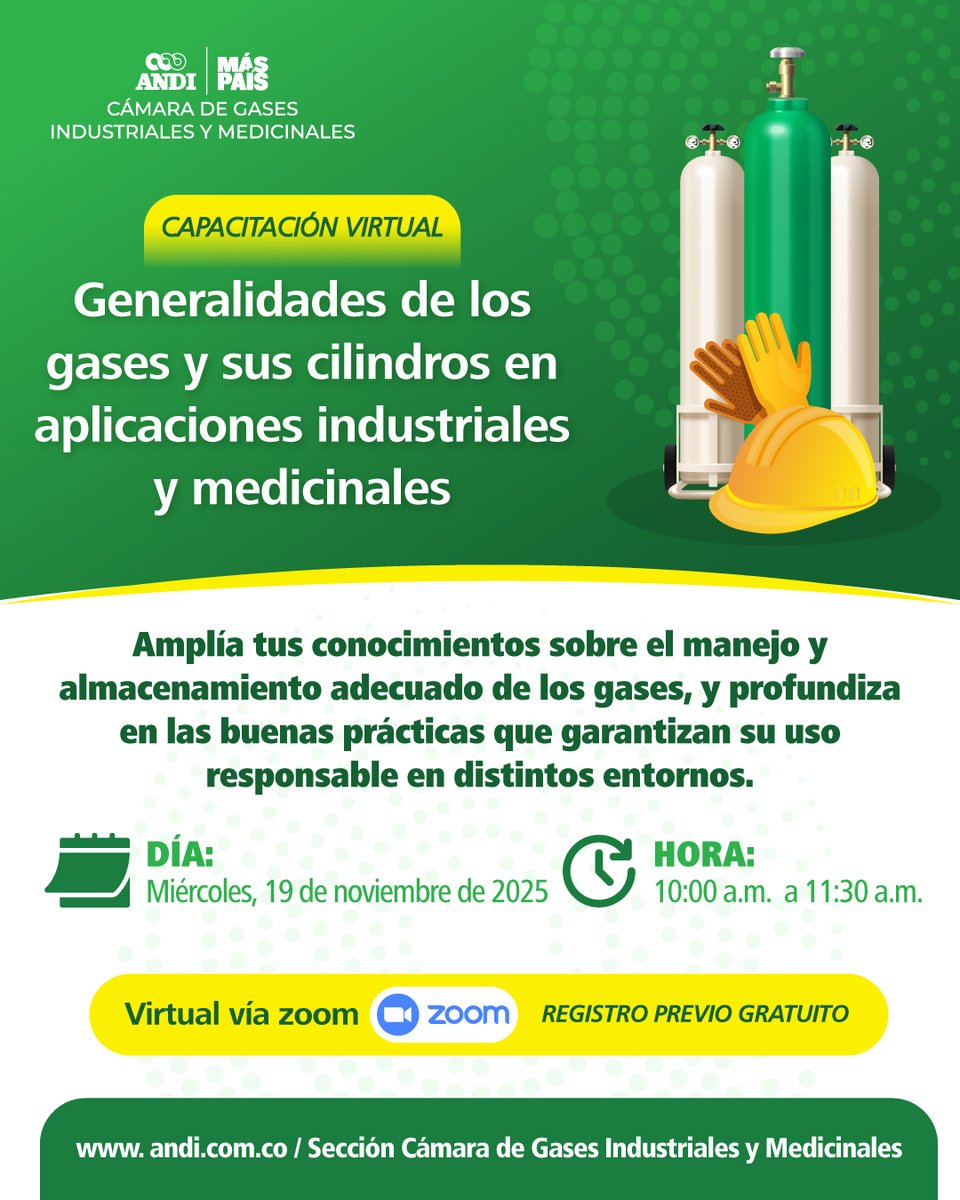 ¡Participa en esta capacitación virtual gratuita! 
Refuerza tus conocimientos sobre las generalidades de los gases y sus cilindros en entornos industriales y medicinales.
👉Inscríbete ahora: bit.ly/47n0AAJ
¡Te esperamos!