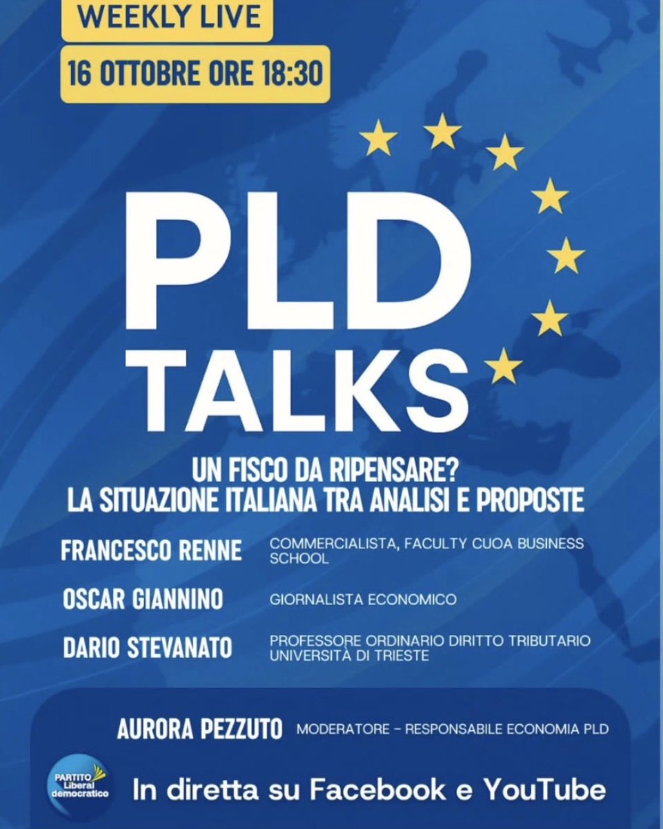 Questa settimana il #Pldtalk è sul fisco.

Il nostro responsabile Francesco Renne dialogherà con <a href="/d_stevanato/">Dario Stevanato</a> (uno dei massimi esperti sul tema) e col nostro Oscar Giannino.

Enfasi sulla proposta del <a href="/Partito_Libdem/">Partito Liberaldemocratico</a> su un Irpef radicalmente nuova: minimo esente, tre scaglioni