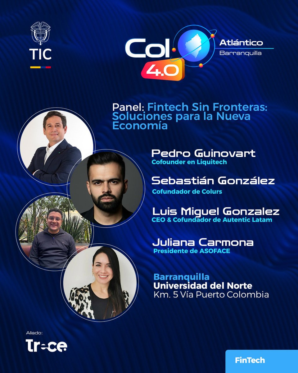 Mañana 15 de octubre, estaré en Barranquilla, moderando panel de fintech en el marco de #Colombia40, el evento más importante del país en materia de ecosistemas digitales. 

Los esperamos en la Universidad del Norte a partir de las 9 am

Registro gratis: col40.co/atlantico/885/…