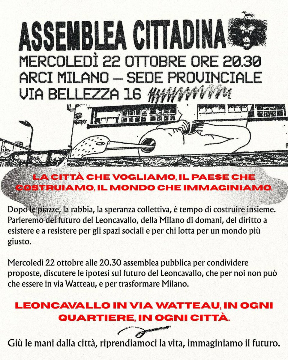 LEONCAVALLO, ASSEMBLEA CITTADINA   

A due mesi dallo sgombero del Leoncavallo mercoledì 22 ottobre assemblea cittadina per parlare del futuro dello storico spazio sociale milanese, ma anche della metropoli  

#Leoncavallo 
#DifendoilLeoncavallo 

milanoinmovimento.com/movimenti/22-1…