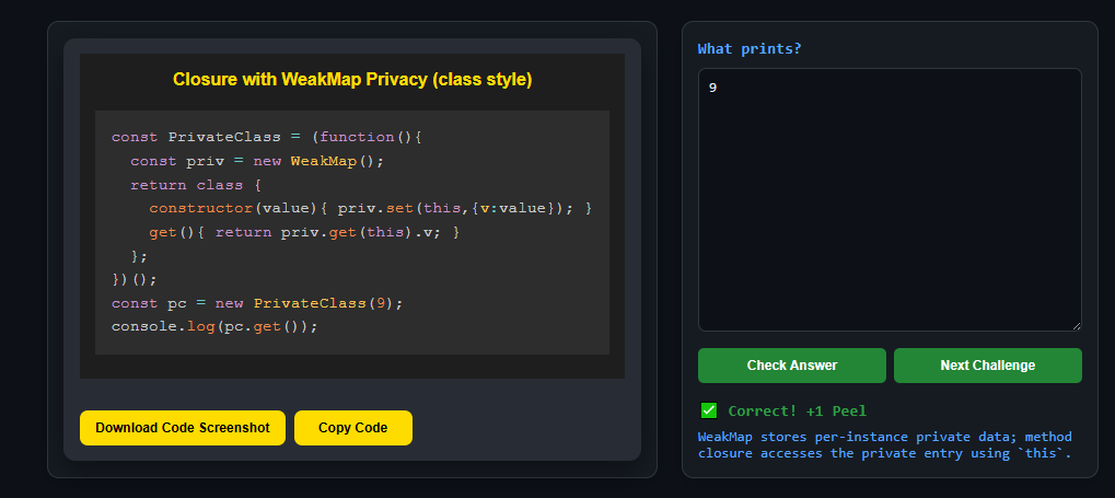 koomekelvink's tweet image. Javascript WeakMap true private memory, object entries vanishes with the object.
Closure challenge ->
peelcode.devsip.tech/peel/closure/i…
#javascriptlearning #javascripttips #SoftwareDevelopment #SoftwareEngineering #buildinpublic #letsconnect #100DaysOfCode