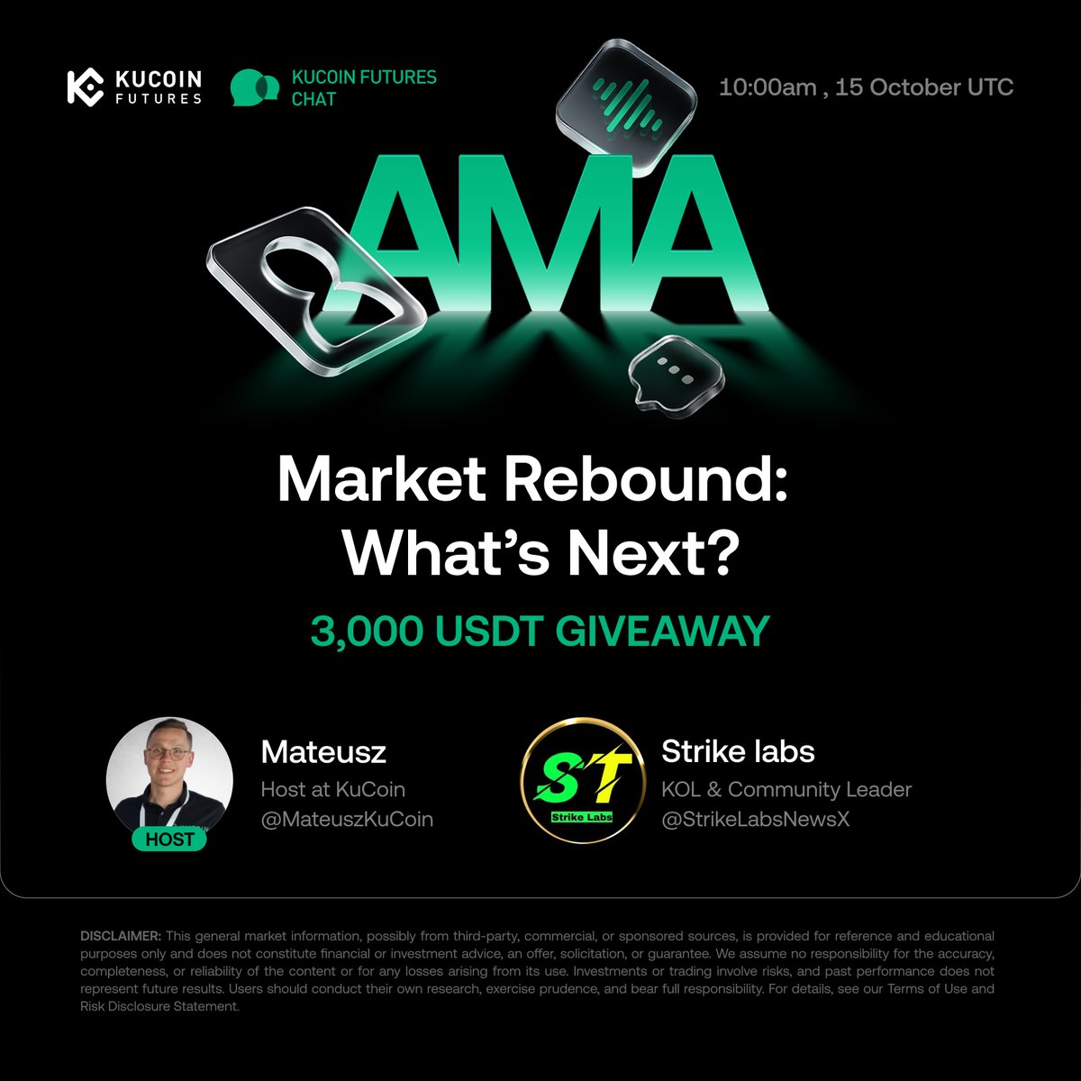 🎙 Futures Chat LIVE   
🗓 Oct 15, 10:00 AM (UTC)  
💰 3,000 USDT Prize Pool

How to claim:
1️⃣ Follow <a href="/KuCoinFutures/">KuCoin Futures ⚡️</a>. Like, RT &amp; Tag 3 friends
2️⃣ Join @KuCoin_Futures_TG group
3️⃣ Join Space: x.com/i/spaces/1lPKq…
4️⃣ Fill out Gleam form: gleam.io/QHhZ5/kucoinfu…

#KuCoinFutures