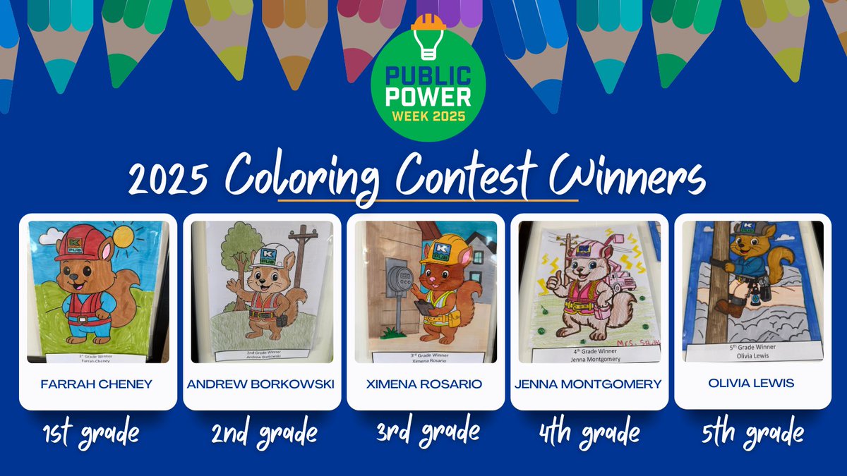 KerrvillePUB's tweet image. 🏆 KPUB’s 2025 #PublicPowerWeek Coloring Contest Winners! 🎨✨

🏆 1st Grade: Farrah Cheney 
🏆 2nd Grade: Andrew Barkowski 
🏆 3rd Grade: Ximena Rosario 
🏆 4th Grade: Jenna Montgomery
🏆 5th Grade: Olivia Lewis

So proud of these talented young artists! 💚
#communitypowered