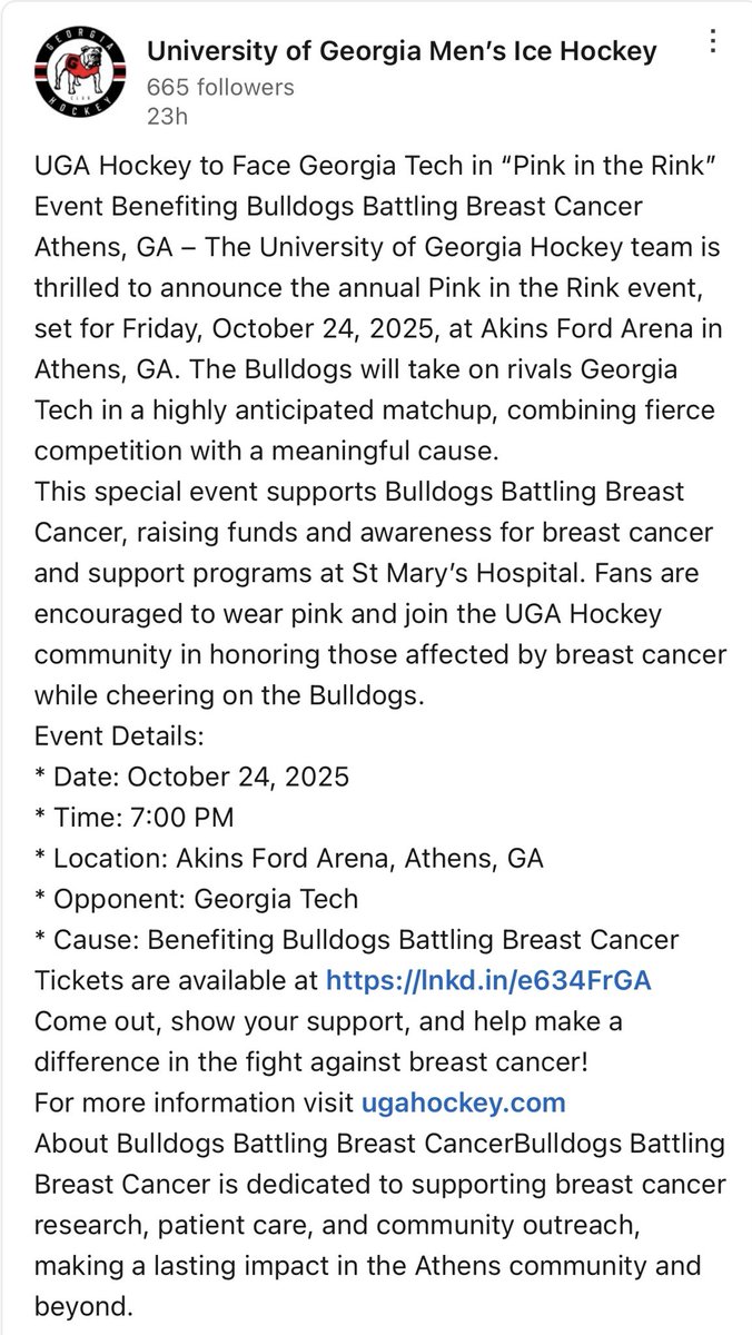 bbbc_athens's tweet photo. Let’s 🚨 LIGHT THE LAMP 🚨 vs the Nerds!!! Help us &amp; @UGAHockey raise money for FREE mammograms with our PLEDGE PER GOAL on Friday October 24th vs GA Tech! https://t.co/Htar5NLGJi