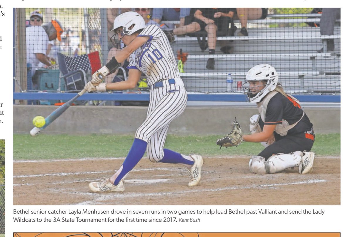 Thank you <a href="/Kentbush/">Kent Bush</a> for the write up!  Let’s go win it! 💙💛

“Bethel senior catcher Layla Menhusen drove in seven runs in two games to help lead Bethel past Valliant and send the Lady Wildcats to the 3A State Tournament for the first time since 2017.”

#Bethel #Wildcats