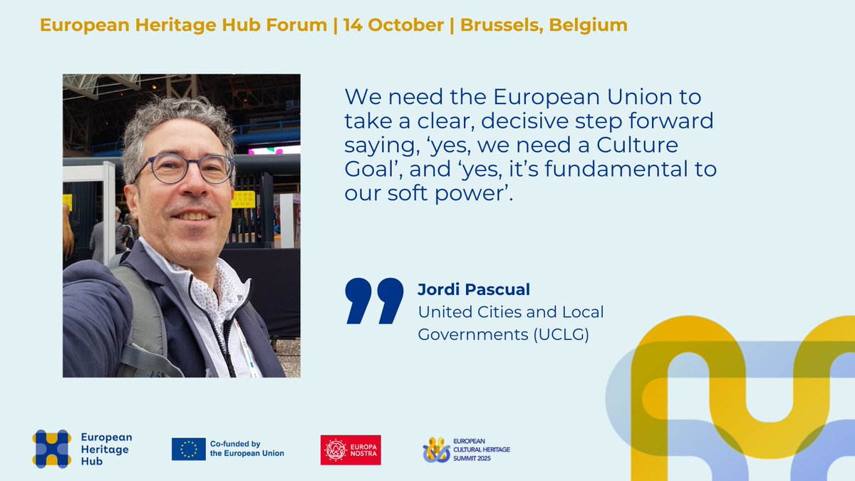 EurHeritageHub's tweet image. #HubForum speaker Jordi Pascual, Coordinator of the Committee on Culture &amp;amp; Assistant Secretary General for Knowledge Co-creation, United Cities and Local Governments, underlined the importance of recognising a Culture Goal as a fundamental enabler of sustainable development.