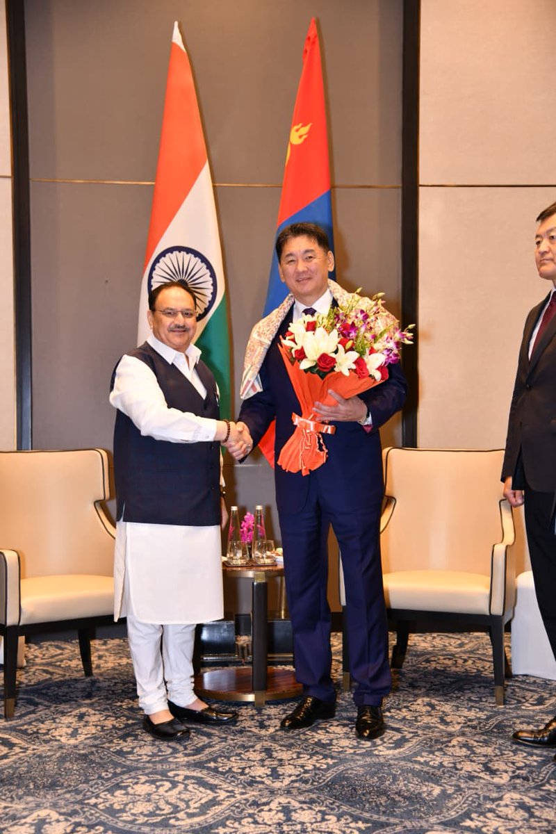 BJP4India's tweet image. BJP National President Shri @JPNadda met Mongolian President Khurelsukh Ukhnaa in New Delhi as part of the 'Know BJP' initiative.