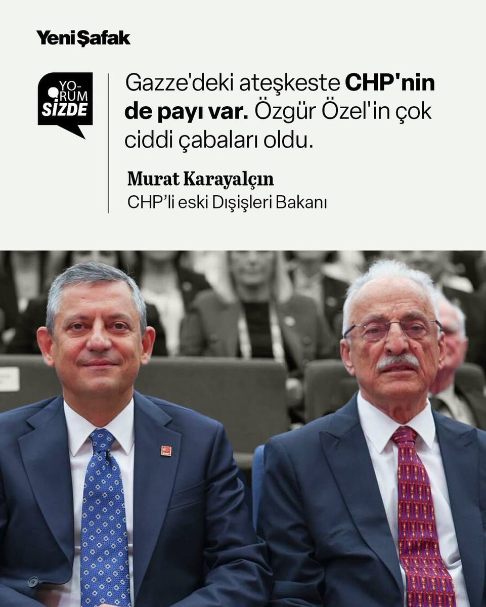 CHP’li eski Dışişleri Bakanı Murat Karayalçın: 
🗣 “Gazze’deki ateşkeste CHP’nin de payı var. Özgür Özel’in çok ciddi çabaları oldu.” 

Bu açıklama hakkında siz ne düşünüyorsunuz❓.