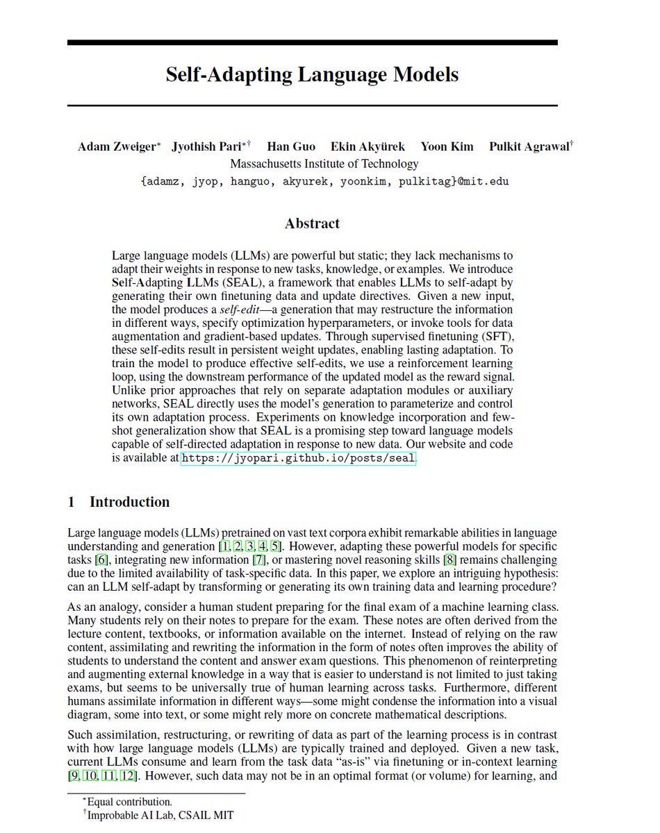 MIT just built an AI that can rewrite its own code to get smarter 🤯

Introducing SEAL — Self-Adapting Language Model.

The results:
✅ +40% factual recall
✅ Outperforms GPT-4.1 on self-generated data
✅ Learns new tasks without humans in the loop

bit.ly/4oiVtXR