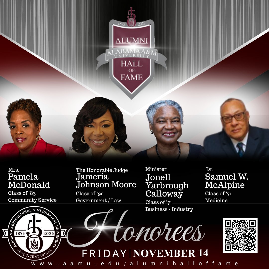 Honoring Legacy🐾 

Alabama A&amp;M’s finest will be honored at the Hall of Fame Induction Ceremony on Friday, 
Nov. 14!

📍 T. M. Elmore Gym | Formal Attire

Secure your spot today and celebrate 150 years of Bulldog greatness!
🎟️ Reserve here: zurl.co/WnbuX