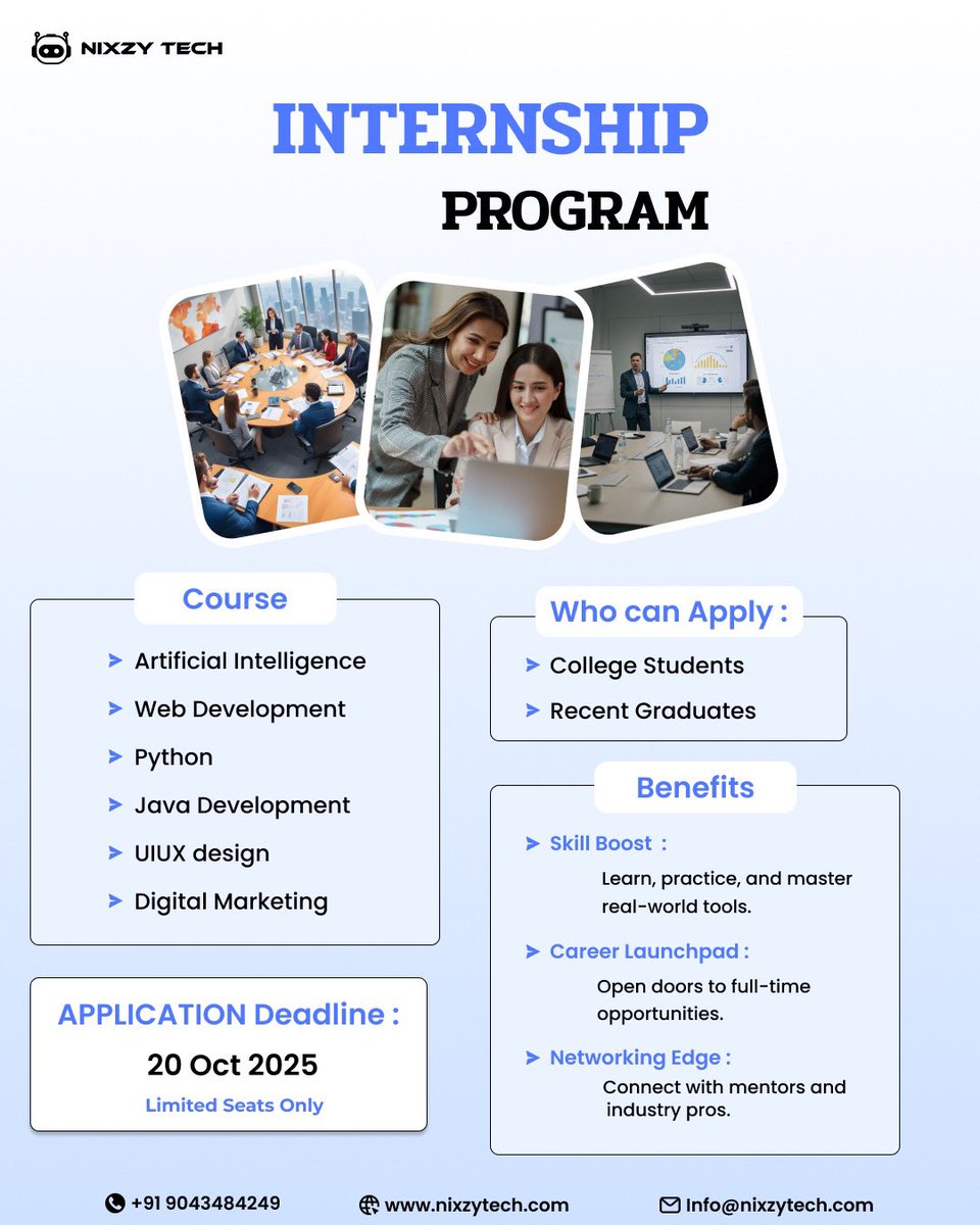 nixzy_tech's tweet image. 🚀 Kickstart Your Career with Nixzy Tech!
Join our Internship Program and gain real-world experience
Apply by 20 Oct 2025 — Limited Seats Only!
#NixzyTech #InternshipProgram #TechInternship #CareerGrowth #AI #Python #WebDevelopment #UIUXDesign #DigitalMarketing #JavaDevelopment