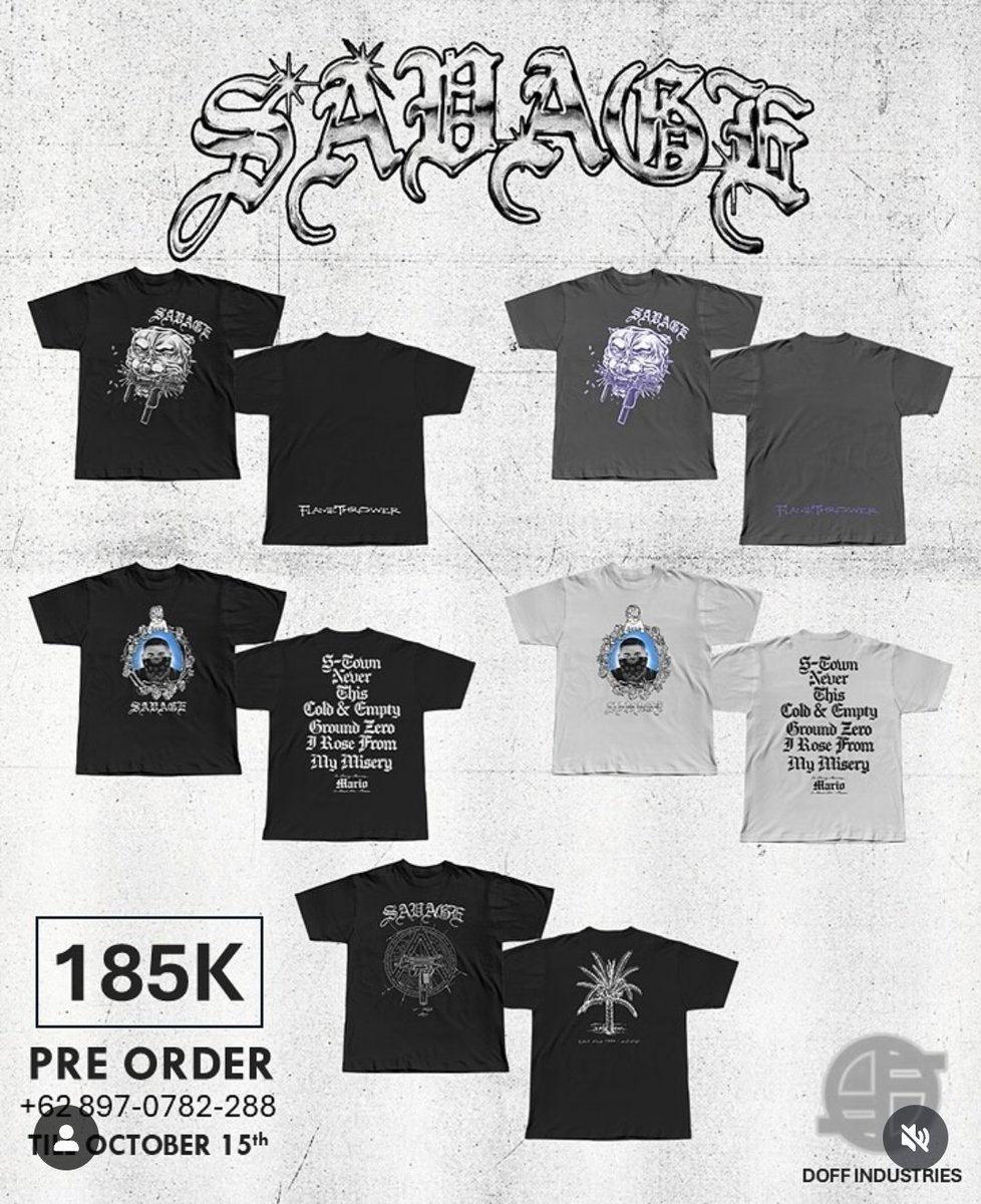 Hanya diprint sekali, masih bisa order sampai besok rabu, 15 Oktober 2025 jam 23.59. Sebagian keuntungan dari pre-order tshirt Savage akan disalurkan ke panti asuhan/jompo yang membutuhkan di Salatiga.

Izin tag : <a href="/aparatmati/">🐺</a> <a href="/iamnotfussed/">NOT FUSSED</a> <a href="/XtremeMerch/">X T R E M E 𖤐₆₆₆</a> <a href="/karf1anda/">karfianda</a> 

Nuhuh