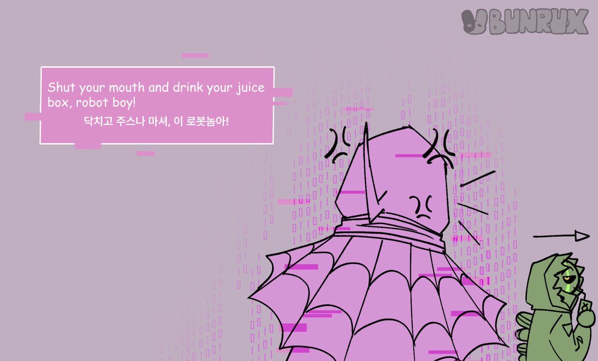thebunrux's tweet photo. the robot speaks truths
korean translation: @trashlate
#undertaleAU #virux #kable https://t.co/tCnyj9phPZ