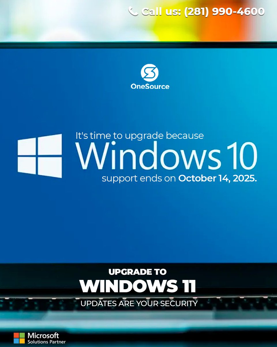 OneSourceCloud's tweet image. Are you still using Windows 10?
If the answer is &quot;YES,&quot; then it&apos;s time to upgrade because the security of your data and your computer is non-negotiable.

You will receive Windows 10 updates until today (October 14, 2025).

Switch to Windows 11