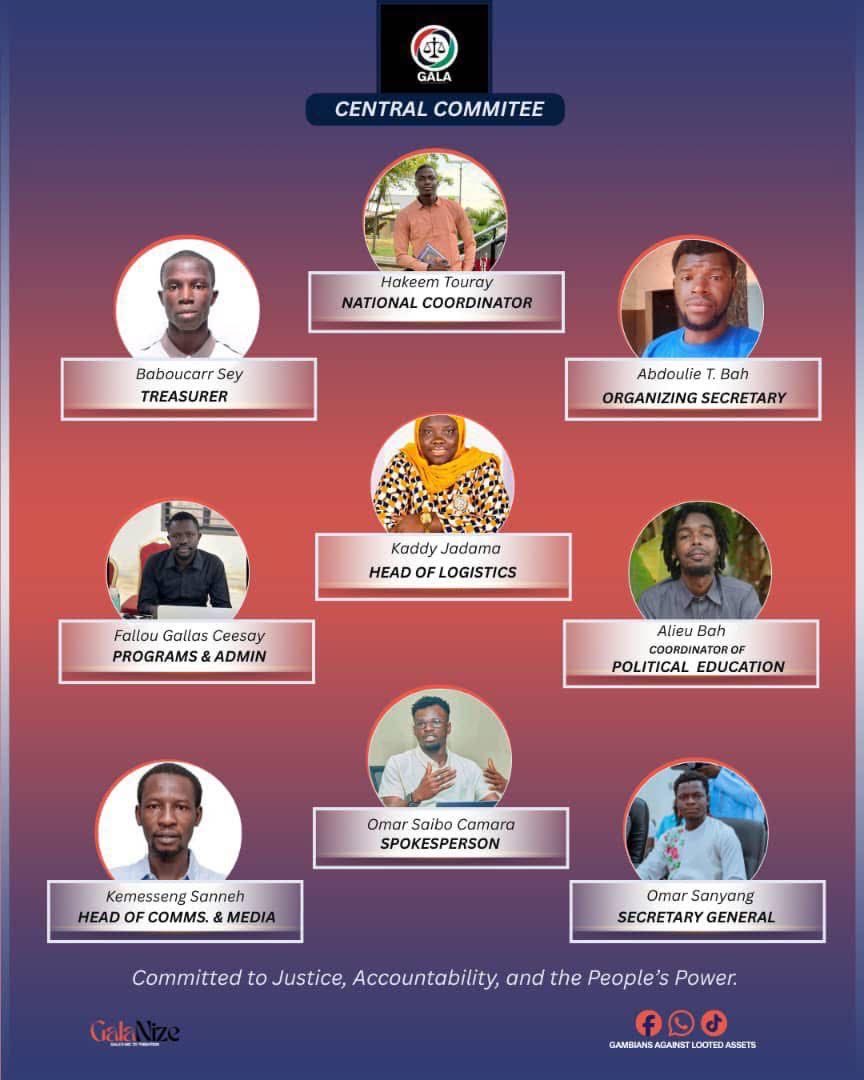 New Leadership Appointed to GALA Central Committee

The Gambians Against Looted Assets (GALA) movement has announced a significant reshuffle of its Central Committee following the resignation of the National Coordinator and the release of three other members. The newly formed