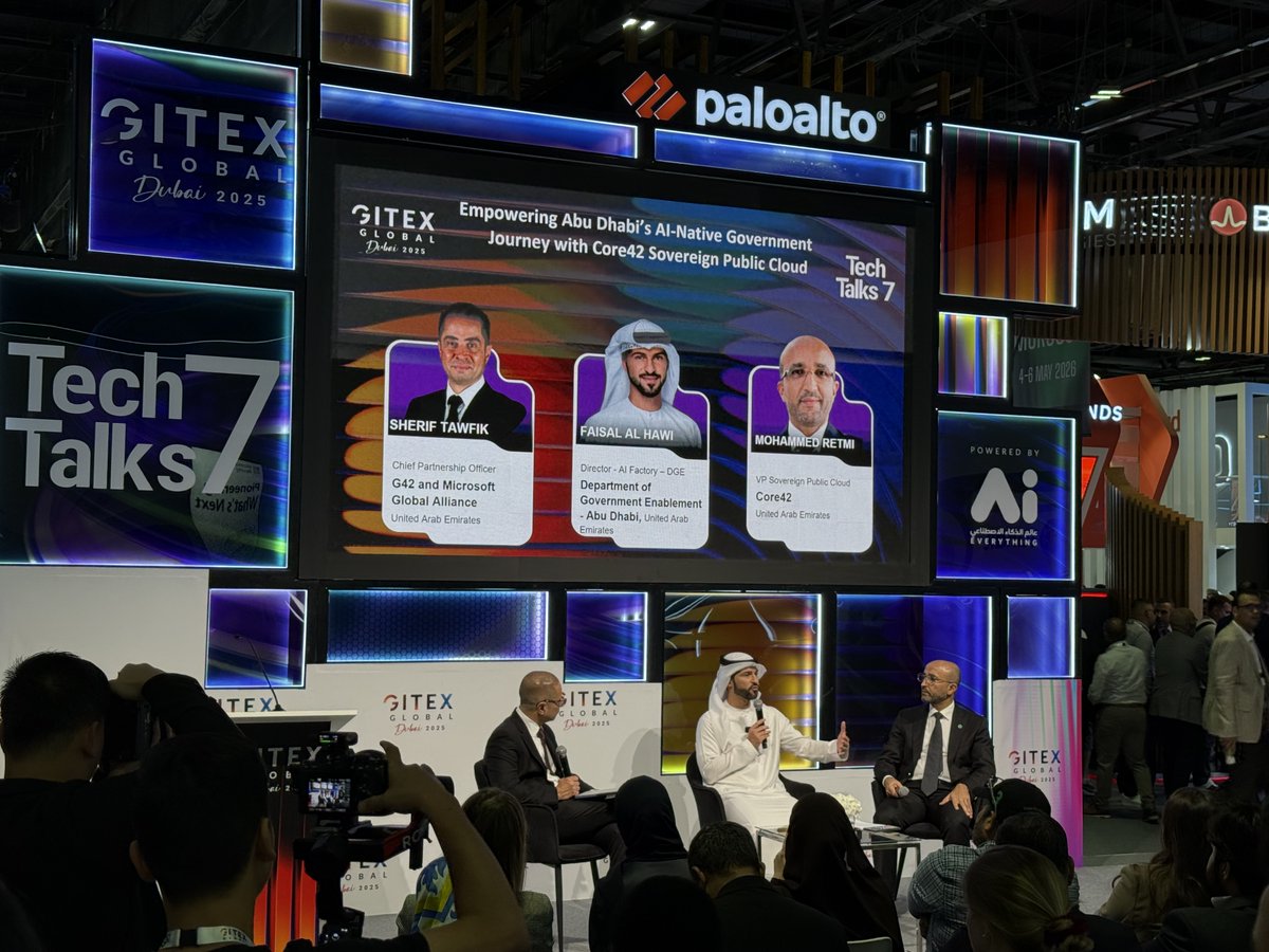 A powerful #GitexGlobal discussion with Sherif Tawfik (G42 &amp; Microsoft), Faisal Al Hawi (DGE), and Mohammed Retmi (Core42) on how Abu Dhabi’s AI-native government is powered by the Core42 Sovereign Public Cloud.
 
#Gitex2025 #MicrosoftUAE